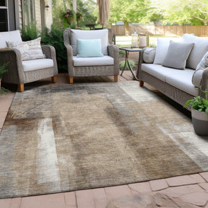 HomeRoots 5' Stylish Beige and Ivory Abstract Washable Area Rug for Indoor and Outdoor Spaces, Durable Design 8' X 10' 628155