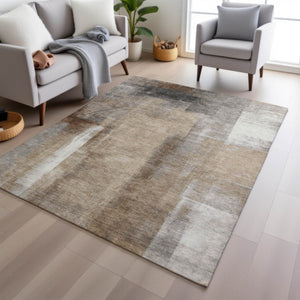 HomeRoots 5' Stylish Beige and Ivory Abstract Washable Area Rug for Indoor and Outdoor Spaces, Durable Design 9' X 12' 628156
