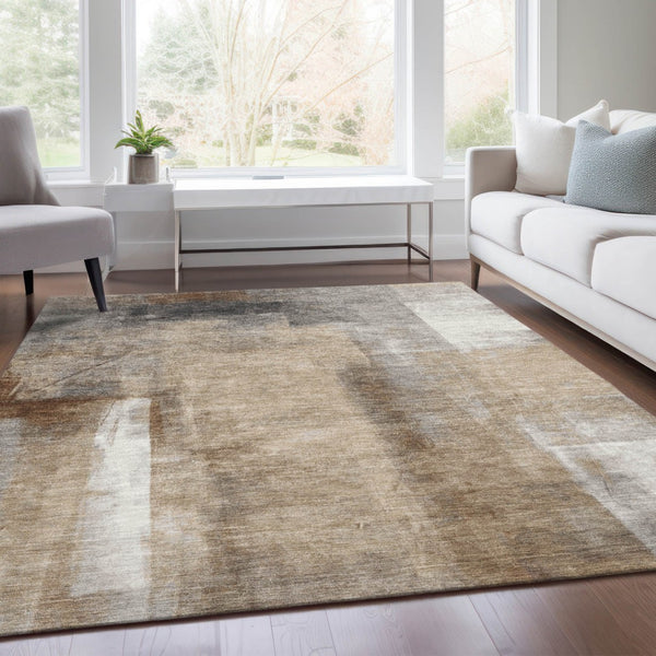 HomeRoots 5' Stylish Beige and Ivory Abstract Washable Area Rug for Indoor and Outdoor Spaces, Durable Design 9' X 12' 628156