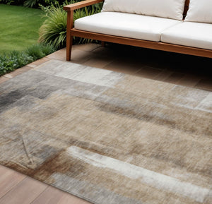HomeRoots 5' Stylish Beige and Ivory Abstract Washable Area Rug for Indoor and Outdoor Spaces, Durable Design 10' X 14' 628157