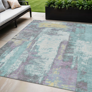 HomeRoots 5' Modern Teal Blue and Ivory Abstract Area Rug - Stylish, Washable, Indoor/Outdoor Durable Design 5' X 8' 628183