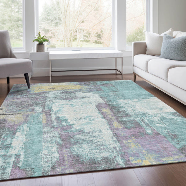HomeRoots 5' Modern Teal Blue and Ivory Abstract Area Rug - Stylish, Washable, Indoor/Outdoor Durable Design 5' X 8' 628183