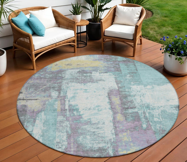 HomeRoots 5' Modern Teal Blue and Ivory Abstract Area Rug - Stylish, Washable, Indoor/Outdoor Durable Design 8' Round 628184
