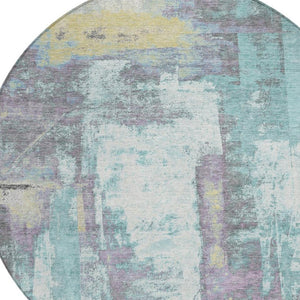 HomeRoots 5' Modern Teal Blue and Ivory Abstract Area Rug - Stylish, Washable, Indoor/Outdoor Durable Design 8' Round 628184