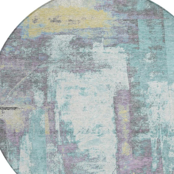 HomeRoots 5' Modern Teal Blue and Ivory Abstract Area Rug - Stylish, Washable, Indoor/Outdoor Durable Design 8' Round 628184