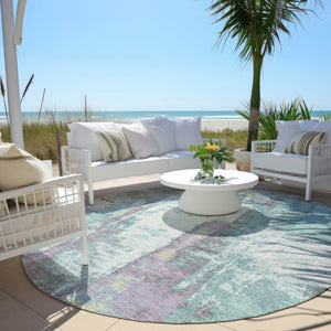 HomeRoots 5' Modern Teal Blue and Ivory Abstract Area Rug - Stylish, Washable, Indoor/Outdoor Durable Design 8' Round 628184
