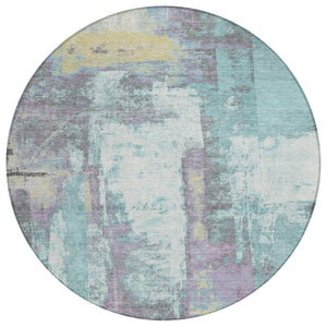 HomeRoots 5' Modern Teal Blue and Ivory Abstract Area Rug - Stylish, Washable, Indoor/Outdoor Durable Design 8' Round 628184