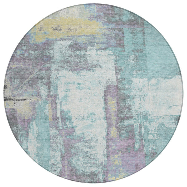 HomeRoots 5' Modern Teal Blue and Ivory Abstract Area Rug - Stylish, Washable, Indoor/Outdoor Durable Design 8' Round 628184