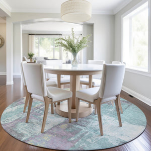 HomeRoots 5' Modern Teal Blue and Ivory Abstract Area Rug - Stylish, Washable, Indoor/Outdoor Durable Design 8' Round 628184