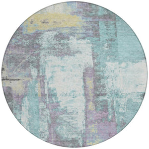 HomeRoots 5' Modern Teal Blue and Ivory Abstract Area Rug - Stylish, Washable, Indoor/Outdoor Durable Design 8' Round 628184