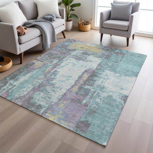 HomeRoots 5' Modern Teal Blue and Ivory Abstract Area Rug - Stylish, Washable, Indoor/Outdoor Durable Design 8' X 10' 628185
