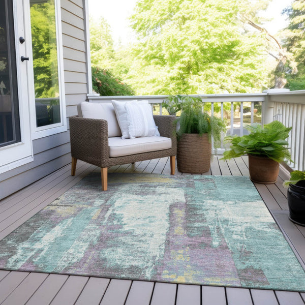 HomeRoots 5' Modern Teal Blue and Ivory Abstract Area Rug - Stylish, Washable, Indoor/Outdoor Durable Design 9' X 12' 628186