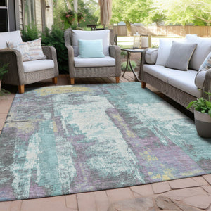 HomeRoots 5' Modern Teal Blue and Ivory Abstract Area Rug - Stylish, Washable, Indoor/Outdoor Durable Design 10' X 14' 628187