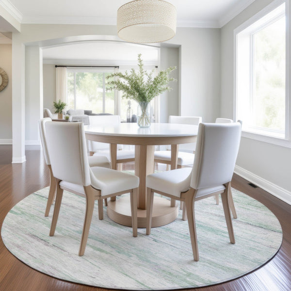 HomeRoots 5' Artichoke Green and Ivory Abstract Area Rug - Stylish, Washable Design for Indoor and Outdoor Use 8' Round 628190