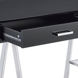English Elm Coleen Sleek Black High-Gloss Writing Desk with Chrome Base, Built-In USB & Dual Drawers, Modern Home Office B2726P278572