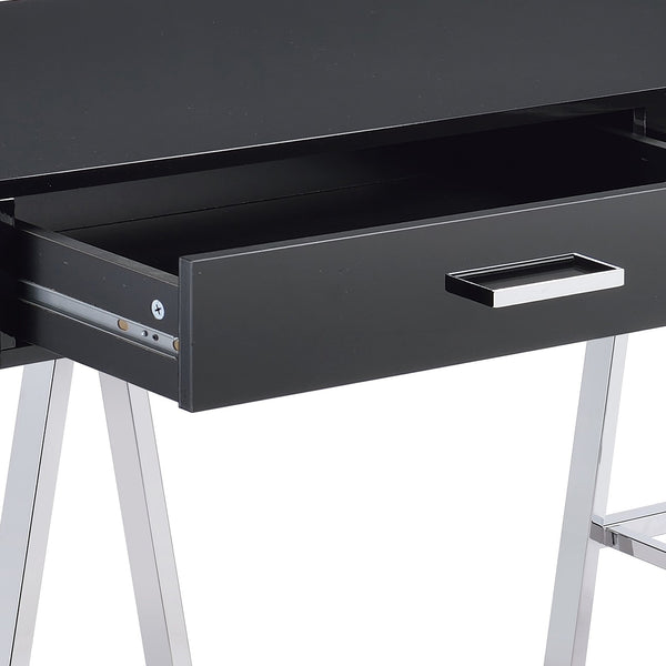 English Elm Coleen Sleek Black High-Gloss Writing Desk with Chrome Base, Built-In USB & Dual Drawers, Modern Home Office B2726P278572