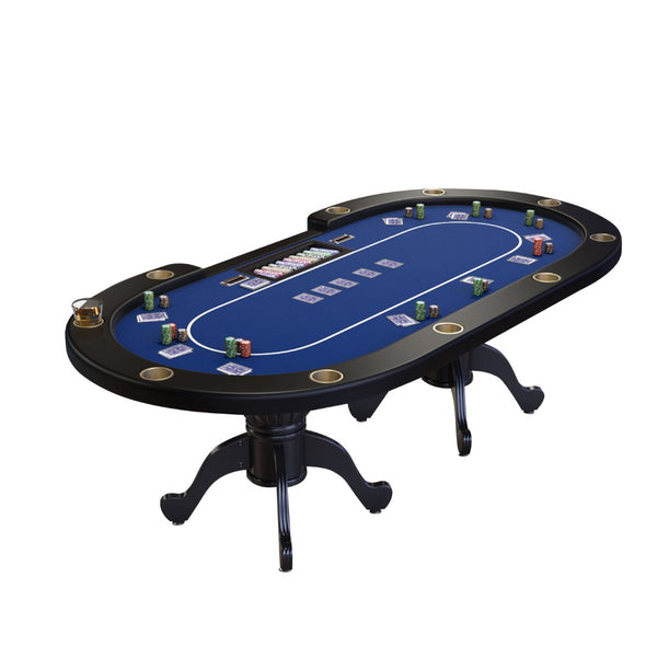 English Elm 96" Oval Poker Table Seats 10 with Waterproof Felt Padded Rail and Dealer Station Blue W2748S00055
