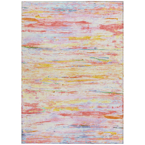 HomeRoots 5' Vibrant Coral and Yellow Abstract Indoor Outdoor Area Rug – Stain-Resistant, Machine Washable Design 5' X 8' 628201