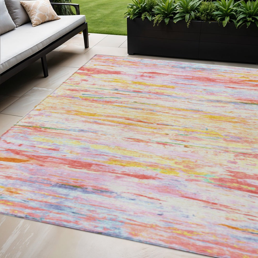HomeRoots 5' Vibrant Coral and Yellow Abstract Indoor Outdoor Area Rug – Stain-Resistant, Machine Washable Design 5' X 8' 628201