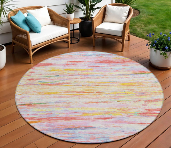 HomeRoots 5' Vibrant Coral and Yellow Abstract Indoor Outdoor Area Rug – Stain-Resistant, Machine Washable Design 8' Round 628202