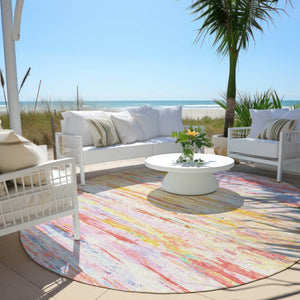 HomeRoots 5' Vibrant Coral and Yellow Abstract Indoor Outdoor Area Rug – Stain-Resistant, Machine Washable Design 8' Round 628202