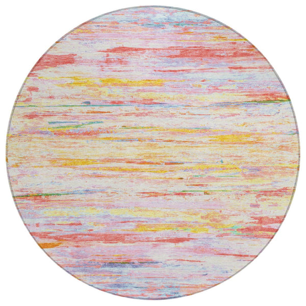 HomeRoots 5' Vibrant Coral and Yellow Abstract Indoor Outdoor Area Rug – Stain-Resistant, Machine Washable Design 8' Round 628202