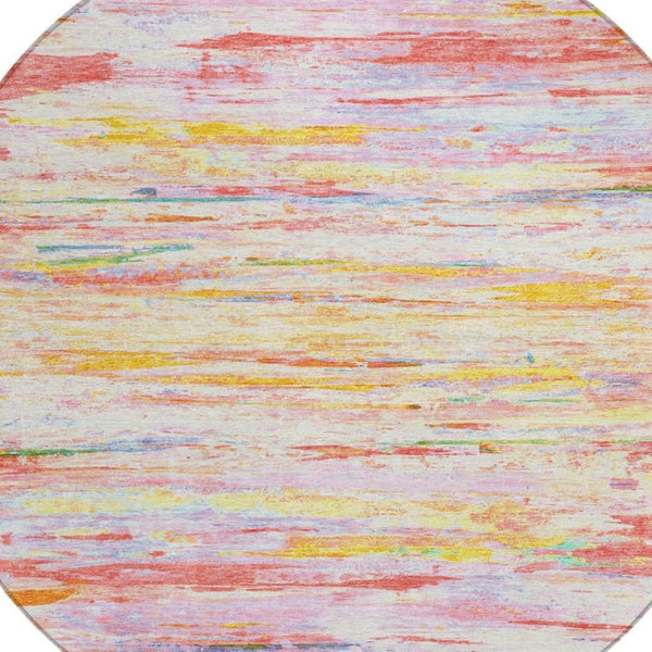 HomeRoots 5' Vibrant Coral and Yellow Abstract Indoor Outdoor Area Rug – Stain-Resistant, Machine Washable Design 8' Round 628202