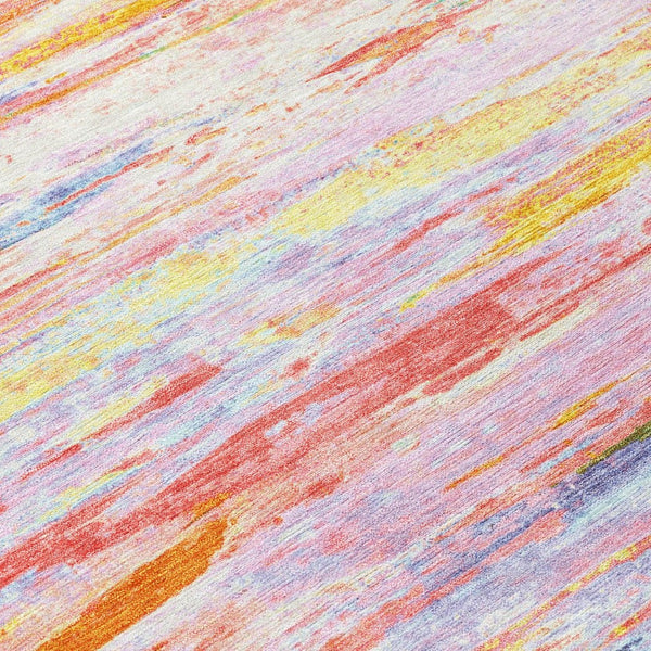 HomeRoots 5' Vibrant Coral and Yellow Abstract Indoor Outdoor Area Rug – Stain-Resistant, Machine Washable Design 8' Round 628202