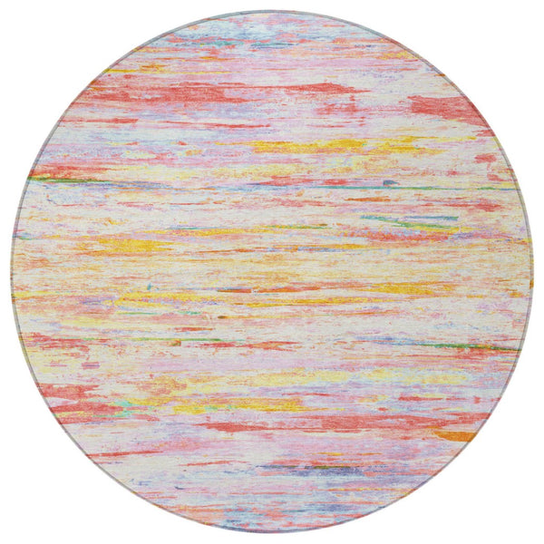 HomeRoots 5' Vibrant Coral and Yellow Abstract Indoor Outdoor Area Rug – Stain-Resistant, Machine Washable Design 8' Round 628202