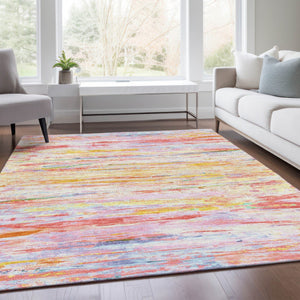 HomeRoots 5' Vibrant Coral and Yellow Abstract Indoor Outdoor Area Rug – Stain-Resistant, Machine Washable Design 8' X 10' 628203