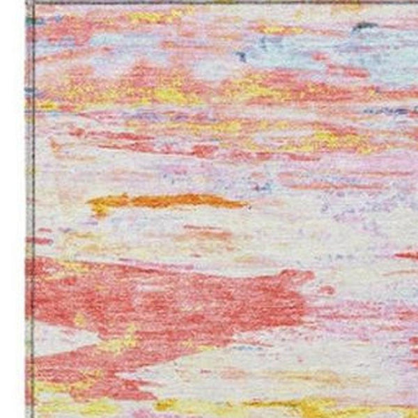 HomeRoots 5' Vibrant Coral and Yellow Abstract Indoor Outdoor Area Rug – Stain-Resistant, Machine Washable Design 9' X 12' 628204