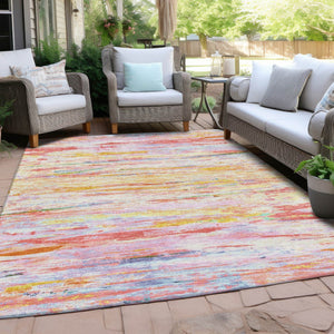 HomeRoots 5' Vibrant Coral and Yellow Abstract Indoor Outdoor Area Rug – Stain-Resistant, Machine Washable Design 9' X 12' 628204