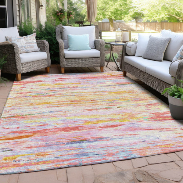 HomeRoots 5' Vibrant Coral and Yellow Abstract Indoor Outdoor Area Rug – Stain-Resistant, Machine Washable Design 9' X 12' 628204