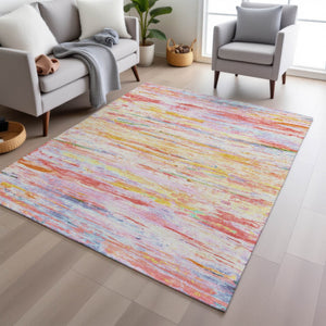 HomeRoots 5' Vibrant Coral and Yellow Abstract Indoor Outdoor Area Rug – Stain-Resistant, Machine Washable Design 9' X 12' 628204