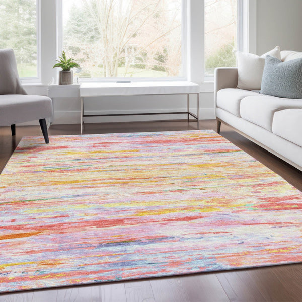 HomeRoots 5' Vibrant Coral and Yellow Abstract Indoor Outdoor Area Rug – Stain-Resistant, Machine Washable Design 9' X 12' 628204
