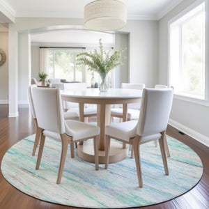 HomeRoots 5' Teal Blue and Ivory Abstract Indoor Outdoor Area Rug - Stylish, Washable, and Durable for Any Space 8' Round 628220