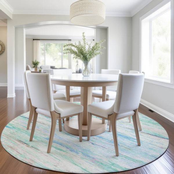 HomeRoots 5' Teal Blue and Ivory Abstract Indoor Outdoor Area Rug - Stylish, Washable, and Durable for Any Space 8' Round 628220