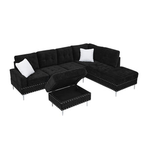 English Elm Sectional L-Shaped Chenille Sofa with Chaise Storage Ottoman, Metal Eucalyptus Frame, 4-Seater Spacious Black W1413S00117