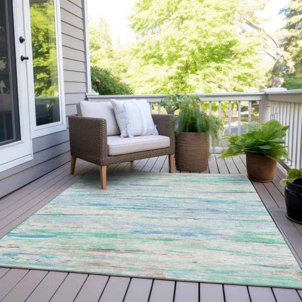 HomeRoots 5' Teal Blue and Ivory Abstract Indoor Outdoor Area Rug - Stylish, Washable, and Durable for Any Space 9' X 12' 628222