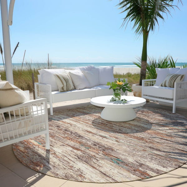 HomeRoots 5' Terra Cotta and Beige Abstract Washable Area Rug – Stylish, Durable, Perfect for Indoor/Outdoor Use 8' Round 628226