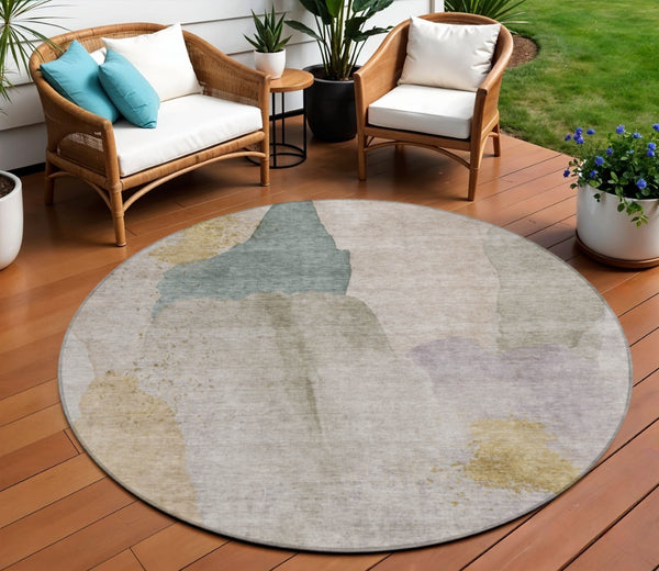 HomeRoots 5' Contemporary Beige and Taupe Abstract Washable Area Rug for Indoor and Outdoor Spaces 8' Round 628238