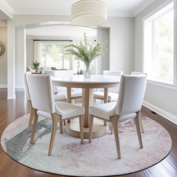 HomeRoots 5' Blush and Gray Abstract Area Rug for Indoor and Outdoor Use - Stylish, Durable, and Washable 8' Round 628274