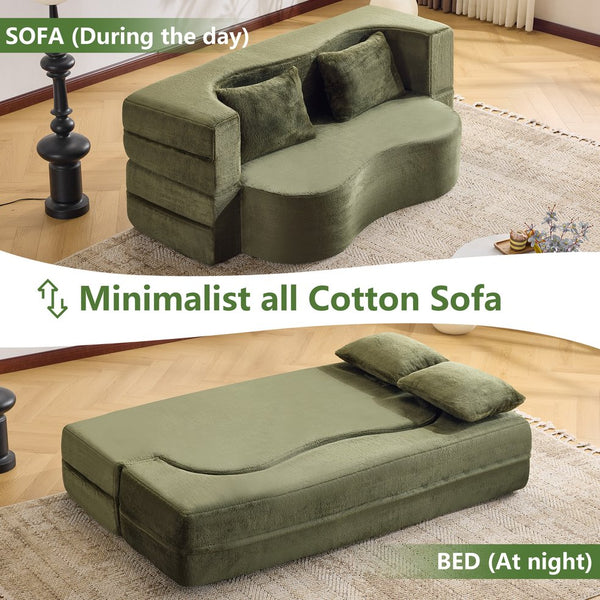 English Elm 71-inch plush folding sofa bed with high-density foam, faux fur futon convertible for guests and yoga Green W1829P362308