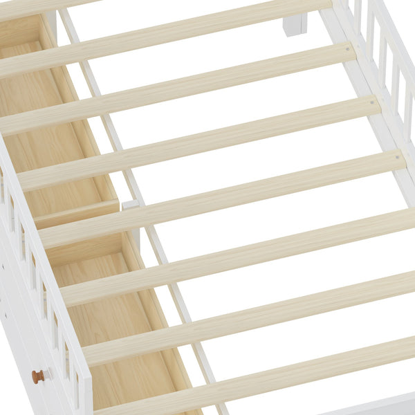 English Elm Twin Bed Frame with Storage Drawers and House Headboard, Kids Platform Bed with Guardrail Ladder and Shelf White 49.3 L x 16.25 W x 7.75 H N733S278032K