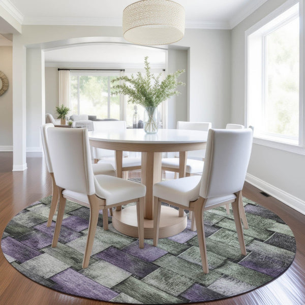 HomeRoots 5' Stylish Sage and Purple Striped Indoor Outdoor Area Rug – Durable, Washable, Versatile Design 8' Round 628304