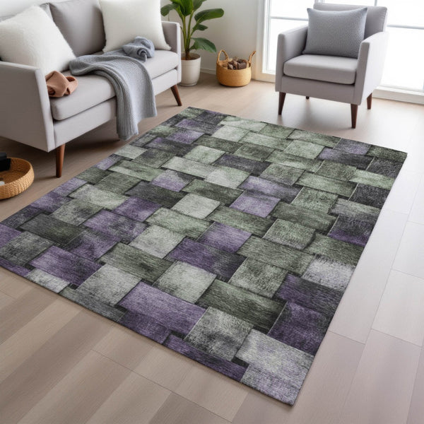 HomeRoots 5' Stylish Sage and Purple Striped Indoor Outdoor Area Rug – Durable, Washable, Versatile Design 10' X 14' 628307