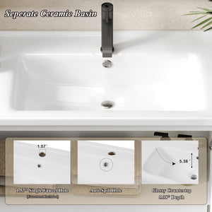 English Elm Christopher Knight Home® - 36" Modern Wall-Mounted Bathroom Vanity with Ceramic Sink, Soft-Close Doors, Fluted Accent & Open Shelves White N817P245322W