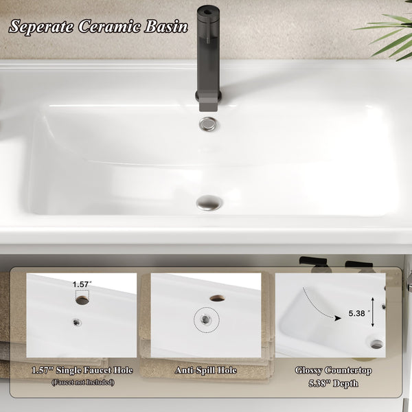 English Elm Christopher Knight Home® - 36" Modern Wall-Mounted Bathroom Vanity with Ceramic Sink, Soft-Close Doors, Fluted Accent & Open Shelves White N817P245322W