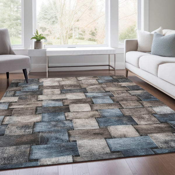 HomeRoots 5' Stylish Taupe and Denim Blue Striped Area Rug - Durable, Washable, Perfect for Indoor & Outdoor Spaces 5' X 8' 628315