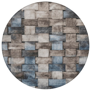 HomeRoots 5' Stylish Taupe and Denim Blue Striped Area Rug - Durable, Washable, Perfect for Indoor & Outdoor Spaces 8' Round 628316